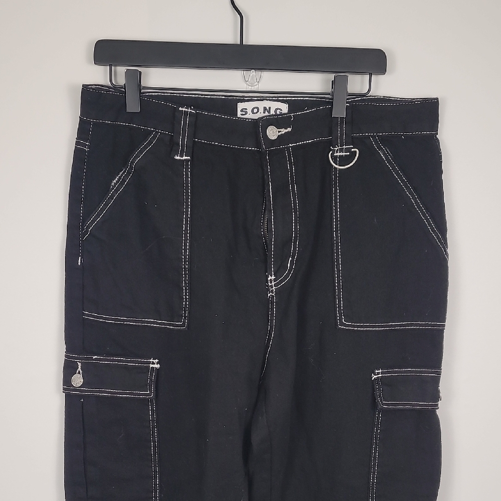 Song Oversized Baggy Fit Black Cargo Pants with White Stitching